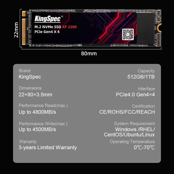 Disque SSD Interne M.2 2280 NVME PCIe Gen4 x 4 Kingspec XG Series 4 To -  Sans dissipateur, Compatible PS5 (Vendeur Tiers) –